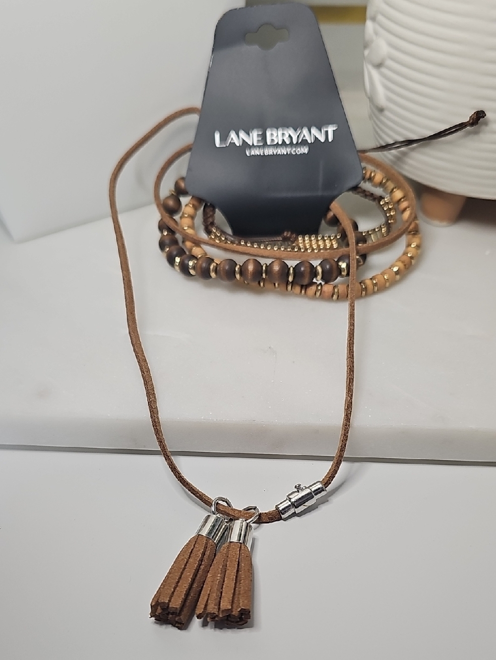 Lane Bryant Brown Suede Tassel Necklace with Beaded Bracelets SET